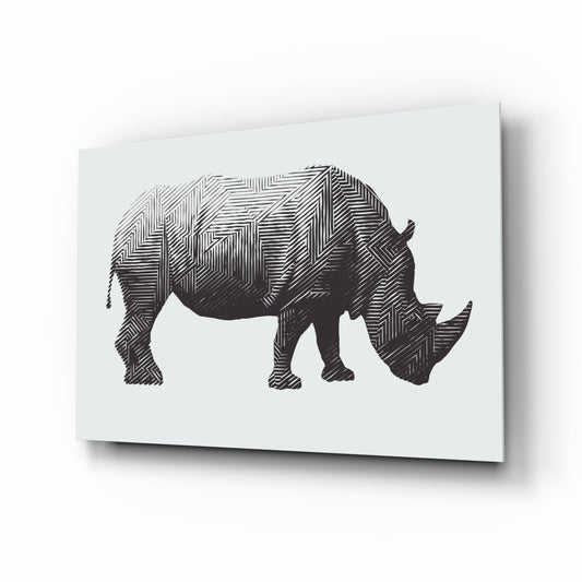 Rhino line-art glass wall art in charcoal crosshatch