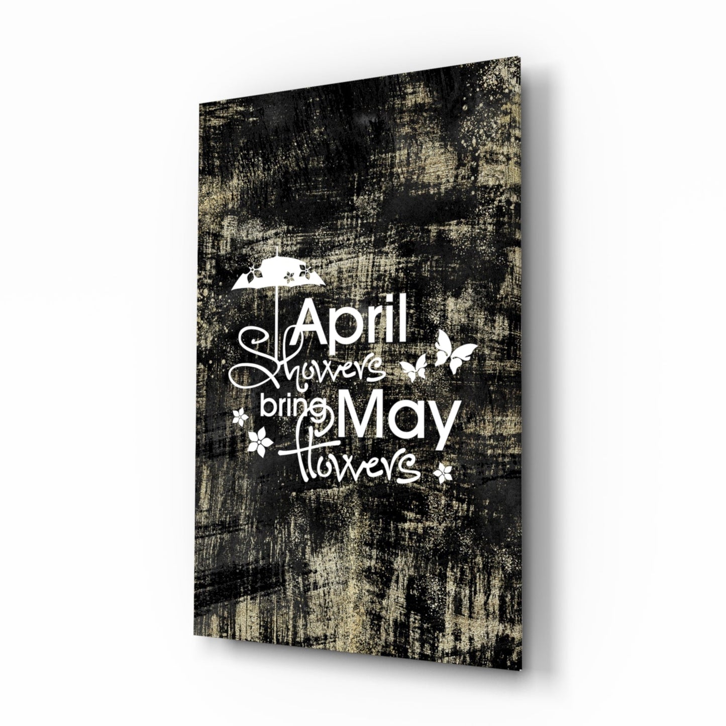 April showers bring May flowers glass wall art with butterfly and floral design