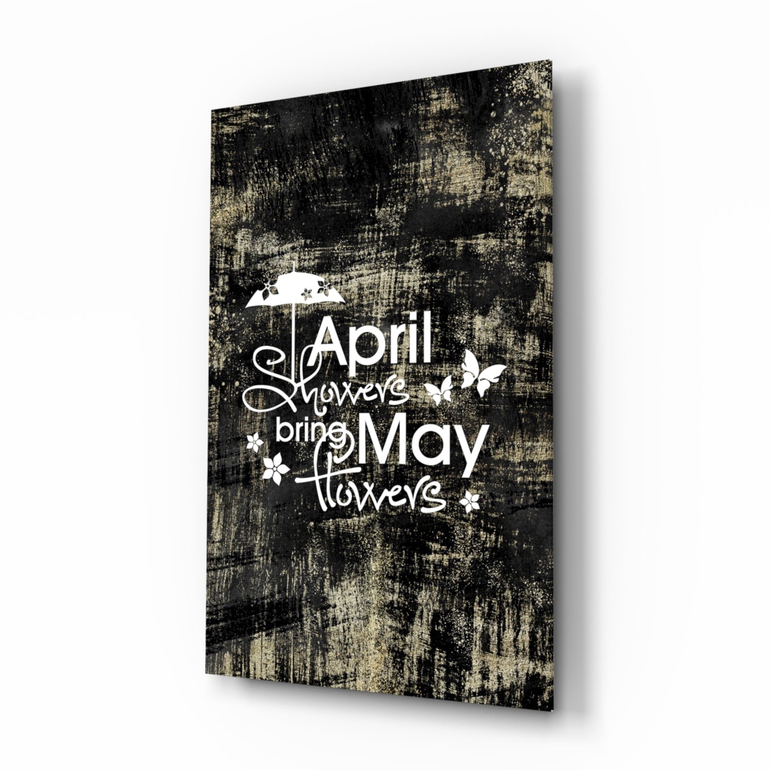 April showers bring May flowers glass wall art with butterfly and floral design