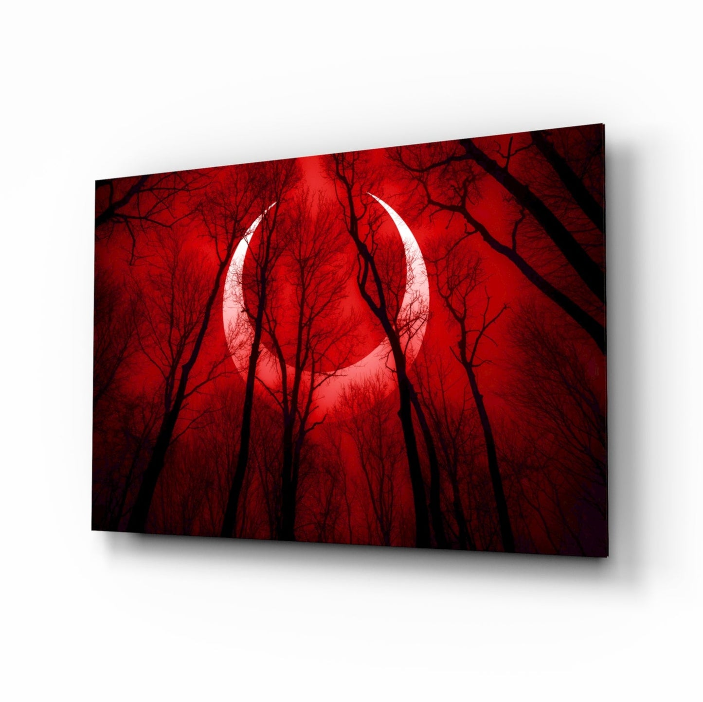 Crescent moon red forest sky glass wall art