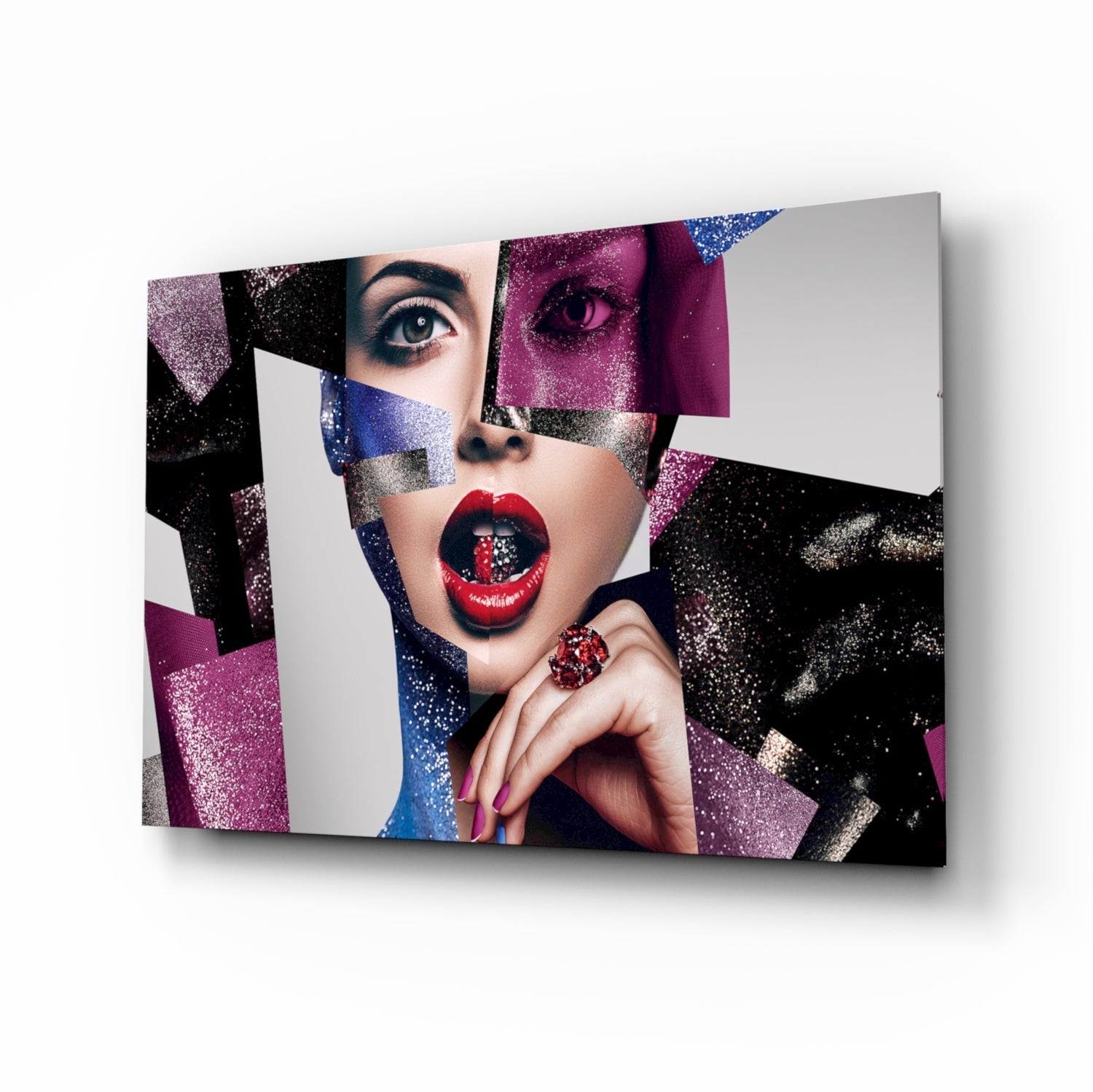 Glitter cubist portrait glass wall art with editorial collage design