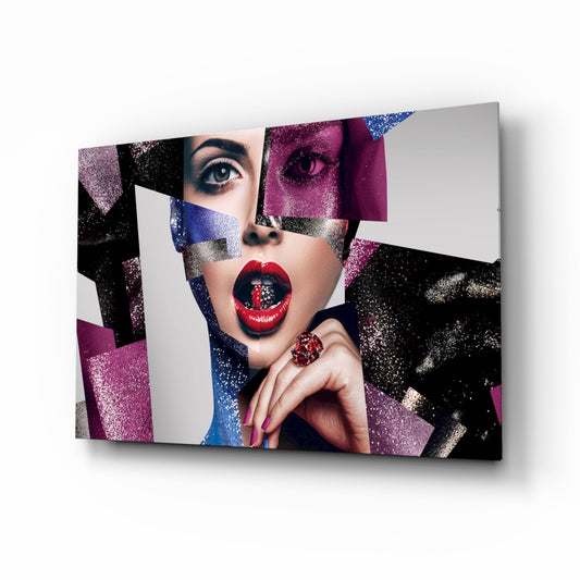 Glitter cubist portrait glass wall art with editorial collage design