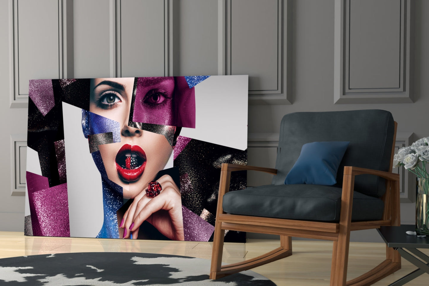 Glitter Cubist Portrait Glass Wall Art