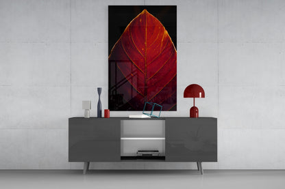 Red Leaf Veins Glass Wall Art