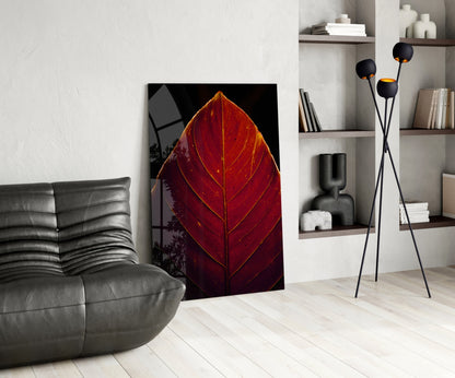 Red Leaf Veins Glass Wall Art