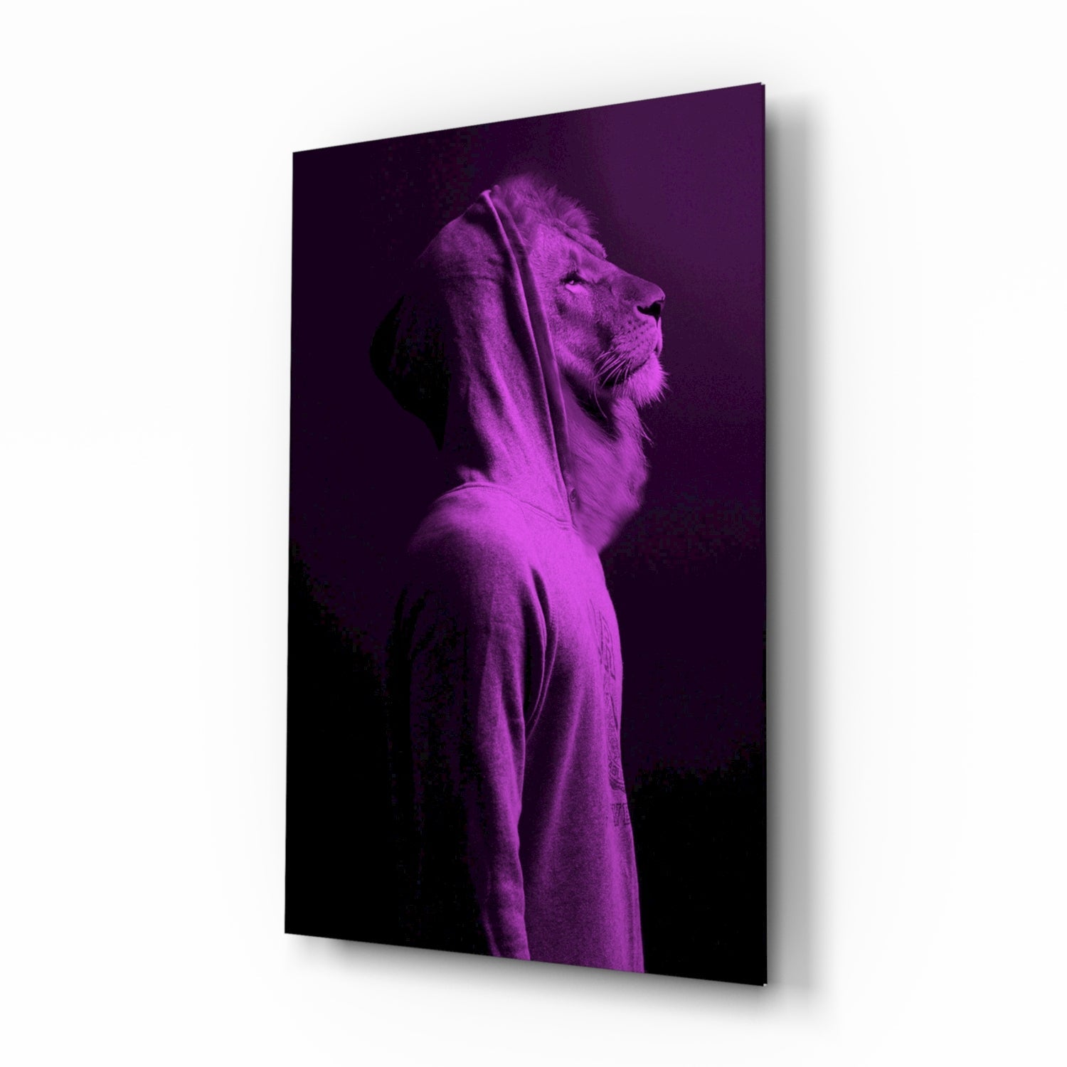 Purple Lion Head glass wall art with violet duotone lion portrait