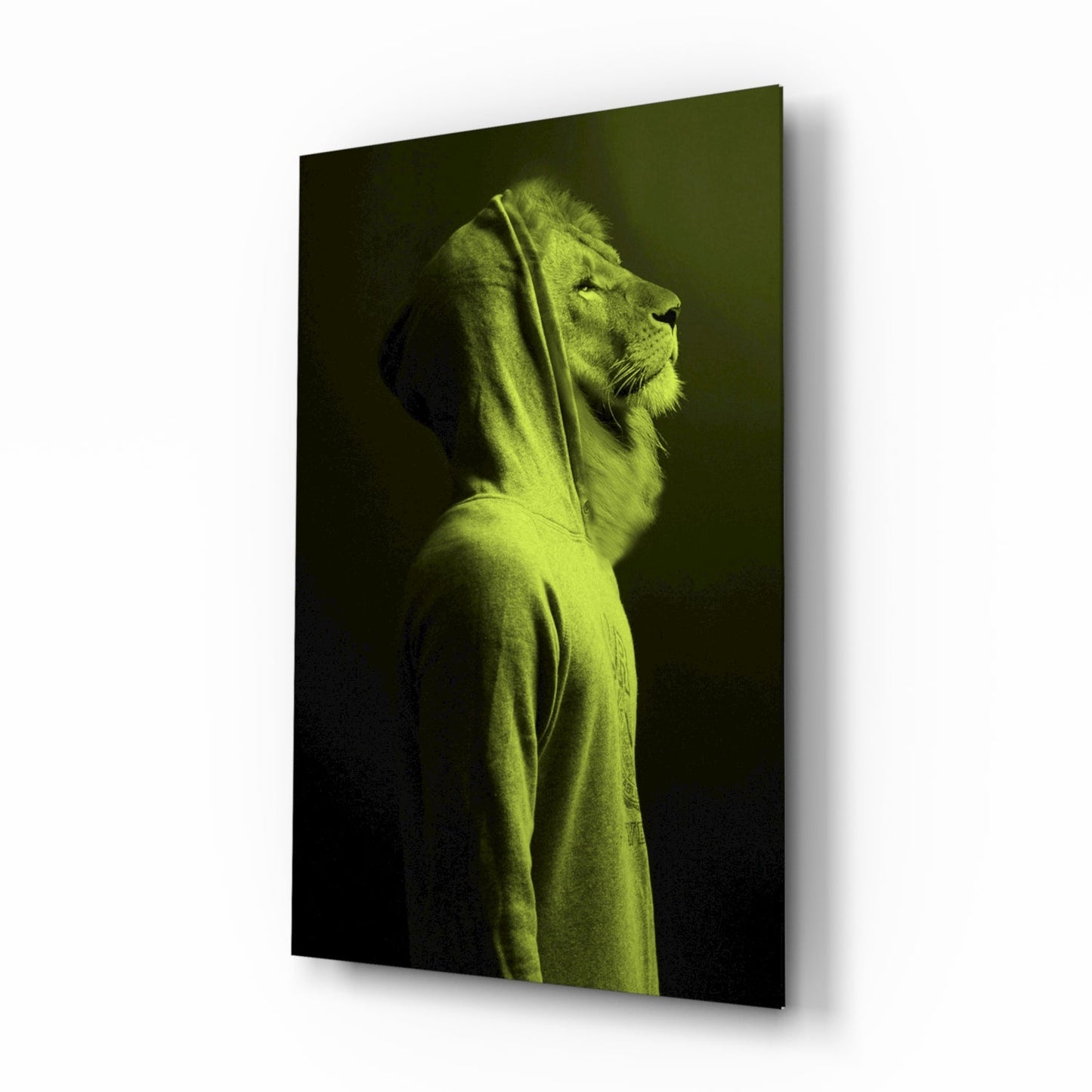 Green Lion Head glass wall art lime duotone portrait
