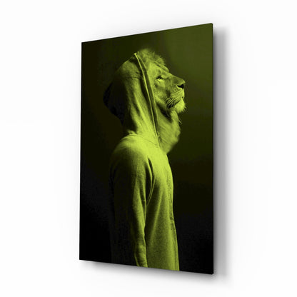 Green Lion Head glass wall art lime duotone portrait