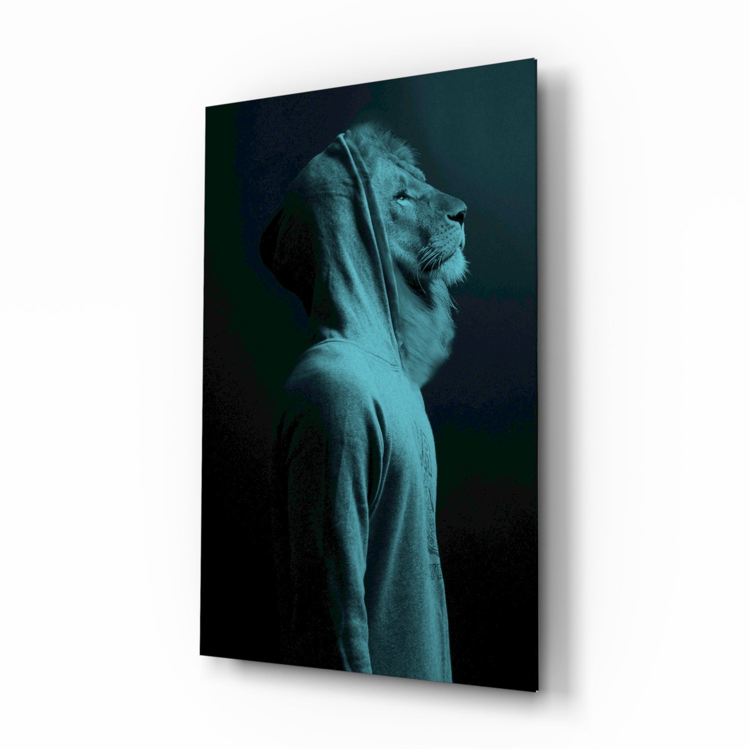Blue Lion Head glass wall art with teal duotone lion portrait