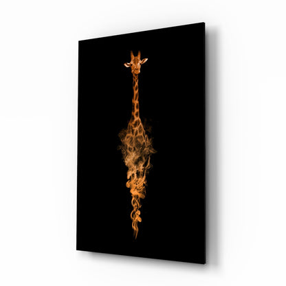 Giraffe smoke dispersion glass wall art, surreal amber plume giraffe portrait on tempered glass