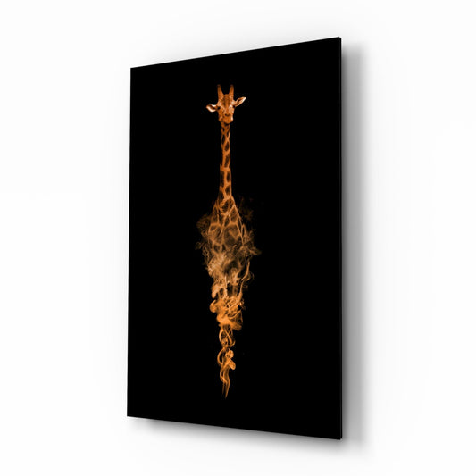 Giraffe smoke dispersion glass wall art, surreal amber plume giraffe portrait on tempered glass