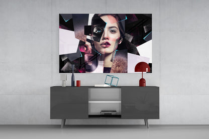 Pink Glitter Collage Woman Glass Wall Art