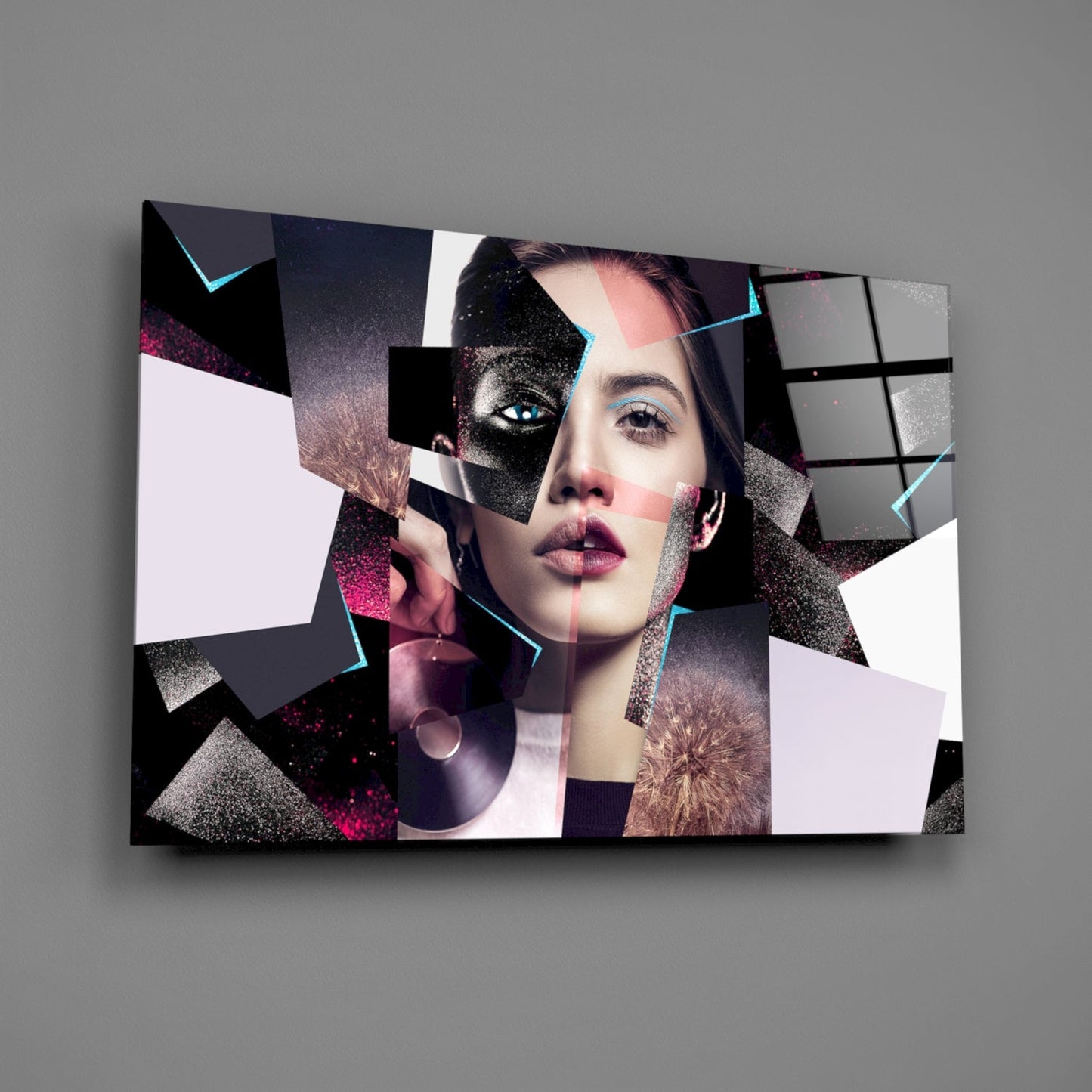 Pink Glitter Collage Woman Glass Wall Art