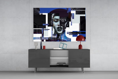Blue Silver Geometric Woman Glass Wall Art