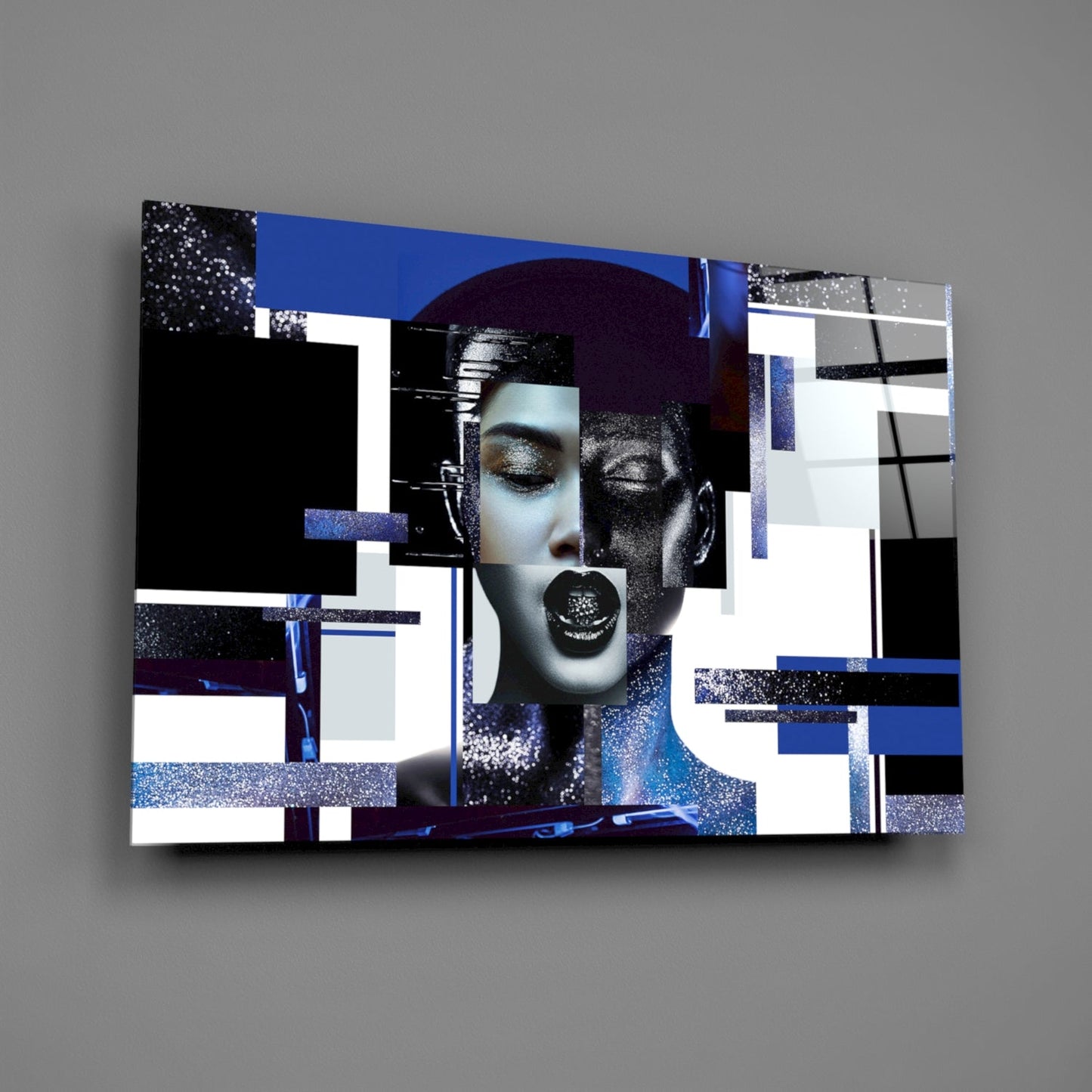 Blue Silver Geometric Woman Glass Wall Art