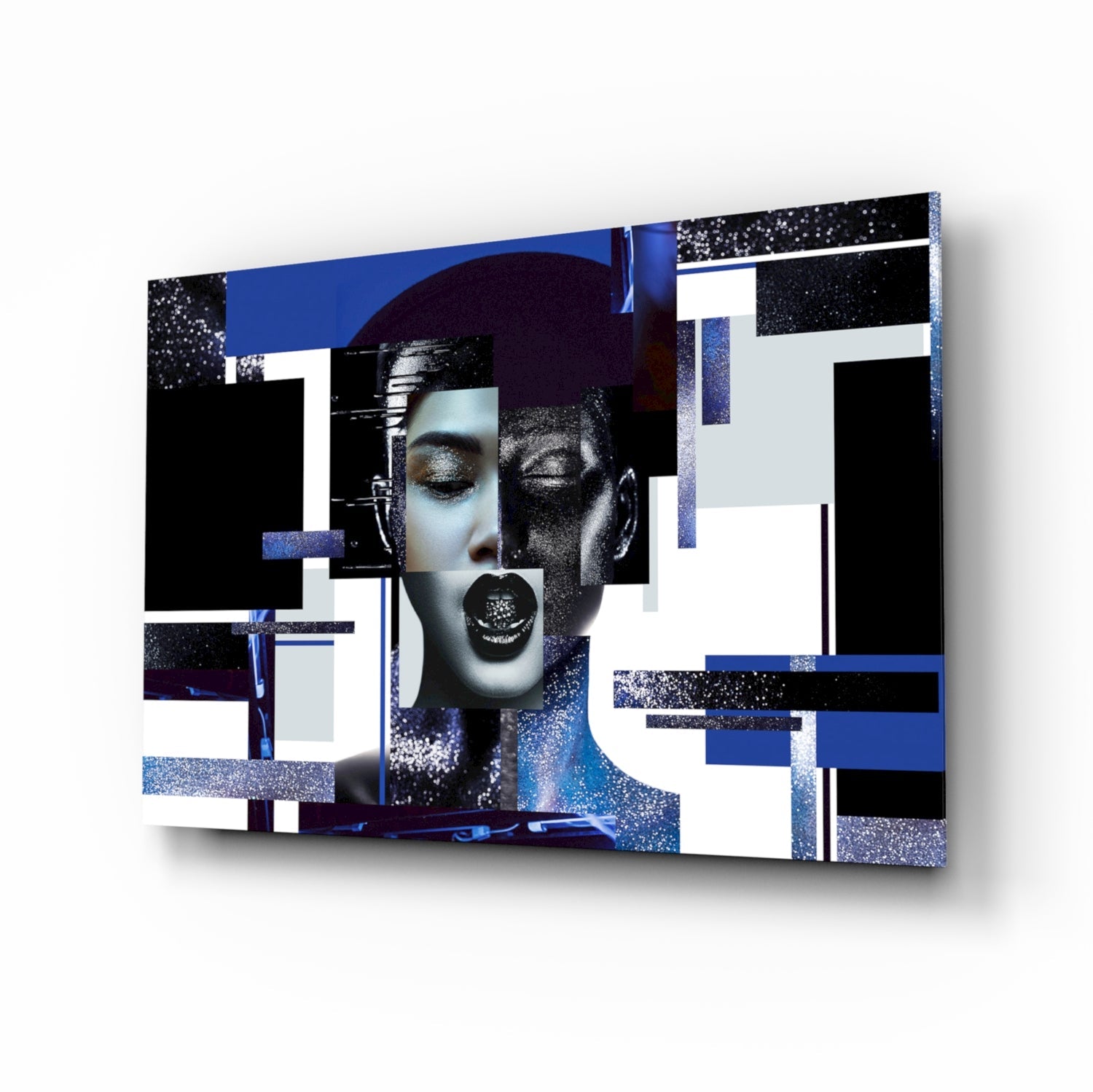Blue silver geometric woman glass wall art