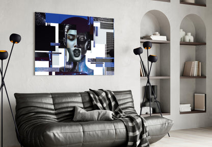 Blue Silver Geometric Woman Glass Wall Art