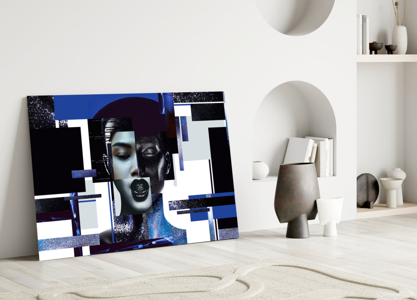 Blue Silver Geometric Woman Glass Wall Art