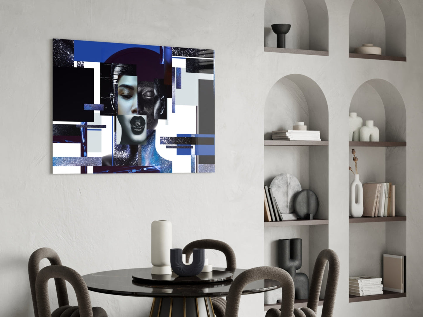 Blue Silver Geometric Woman Glass Wall Art
