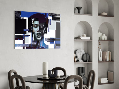 Blue Silver Geometric Woman Glass Wall Art