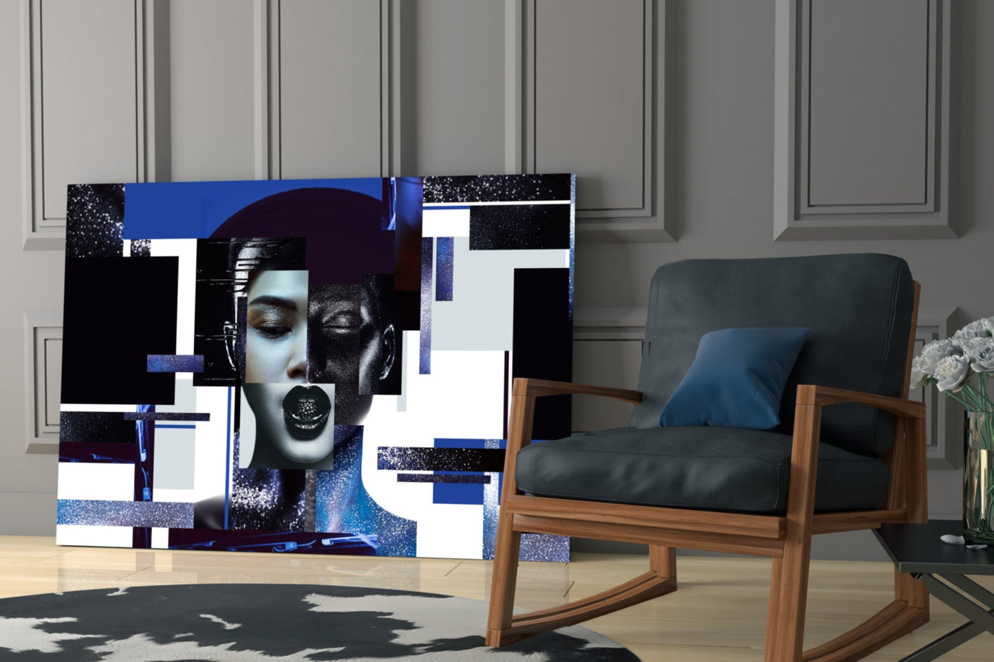 Blue Silver Geometric Woman Glass Wall Art