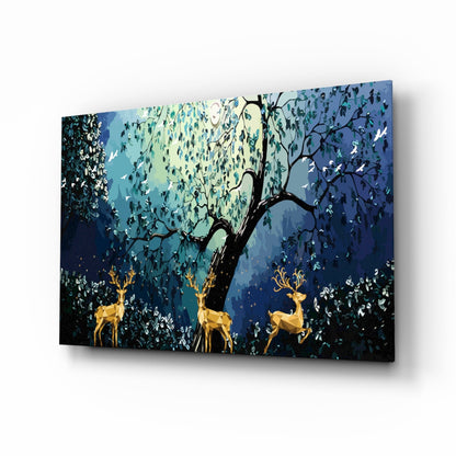 Golden Deers glass wall art moonlit forest