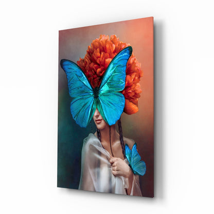 Cobalt butterfly woman portrait tempered glass wall art