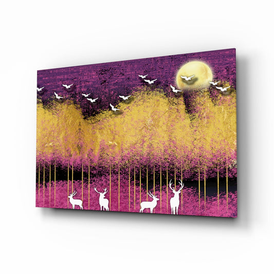 Birds and deer fantasy glass wall art - magenta-gold forest with birds and stag silhouettes, tempered glass