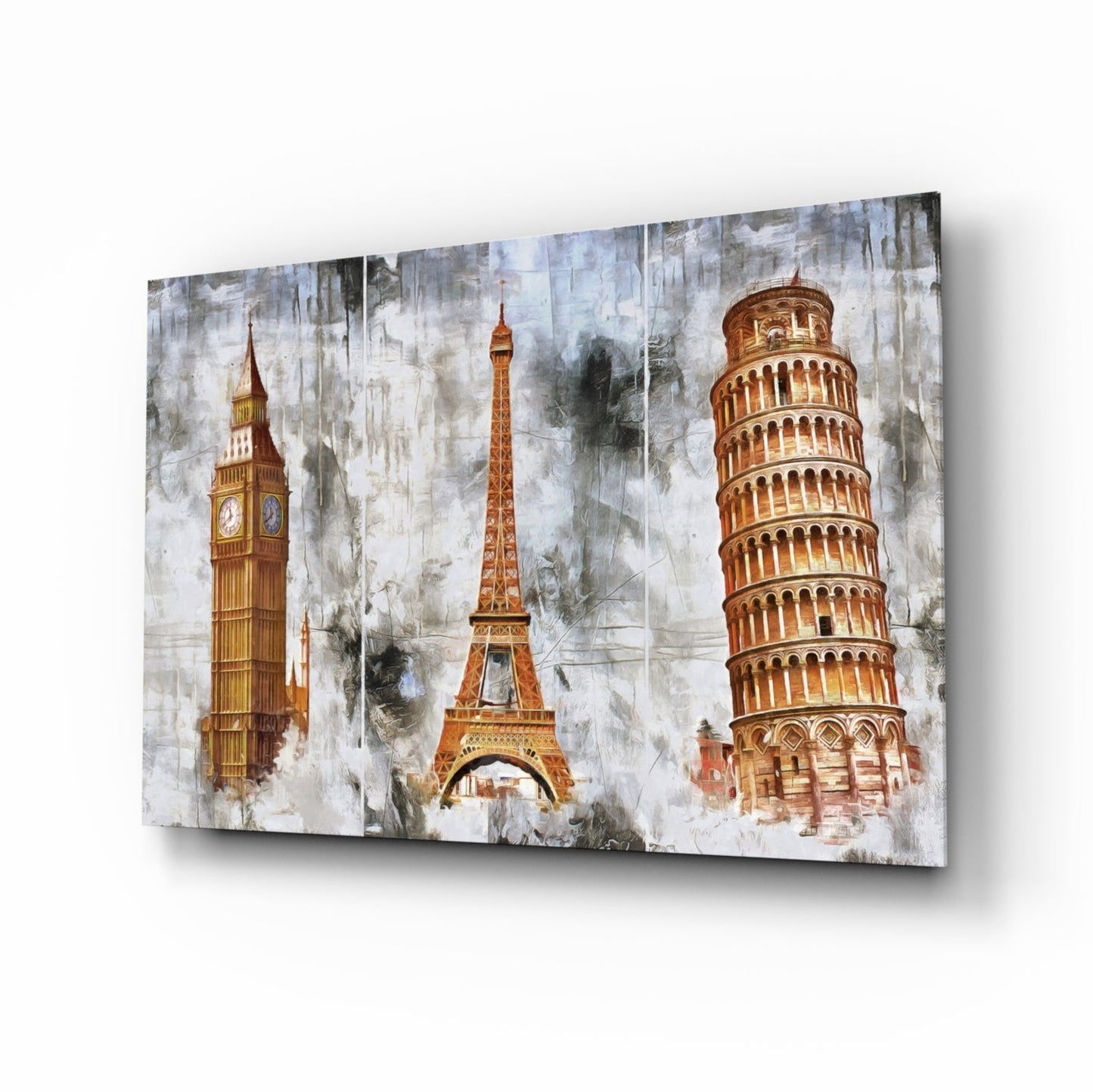Famous Towers glass wall art with Big Ben, Eiffel Tower and Pisa tower