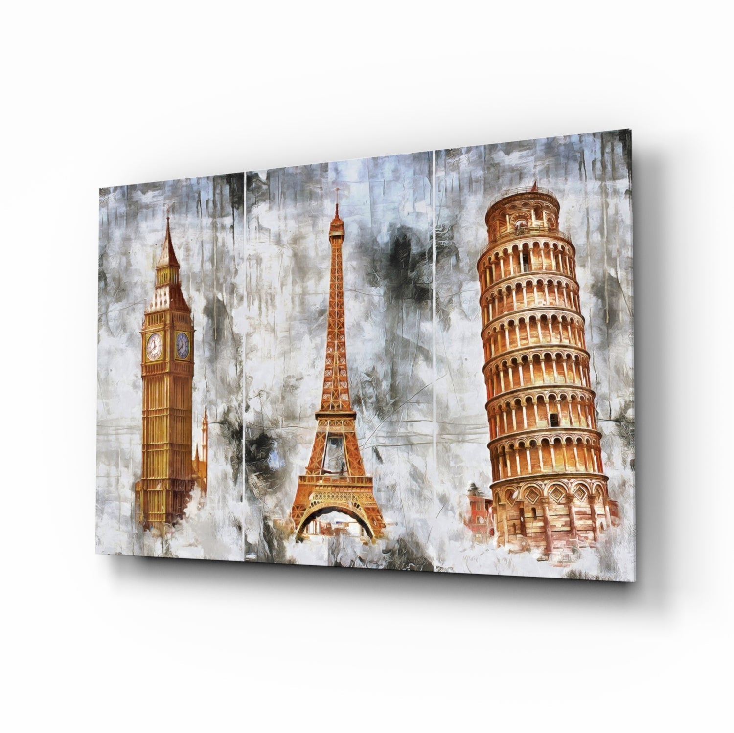 Famous Towers glass wall art with Big Ben, Eiffel Tower and Pisa tower