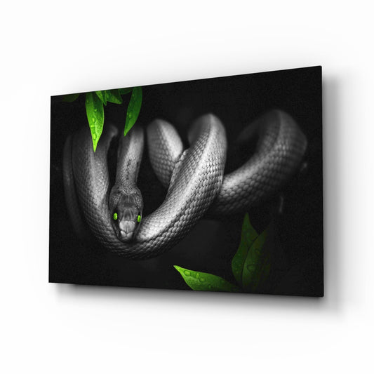 Silver snake with glowing emerald eyes in jungle, glass wall art
