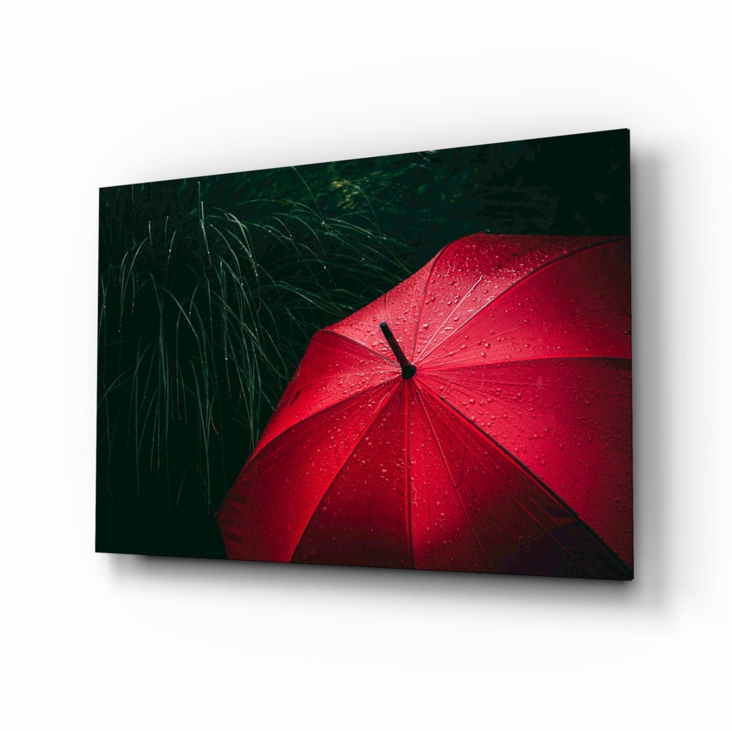 Red umbrella green grass glass wall art