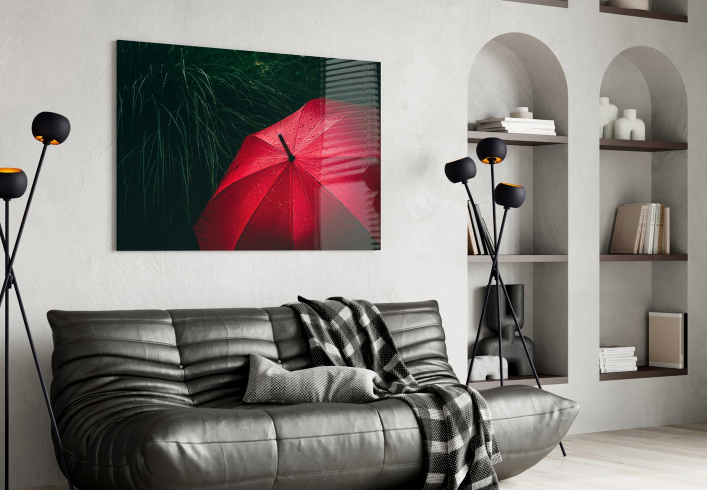 Red Umbrella in Dark Green Grass Glass Wall Art