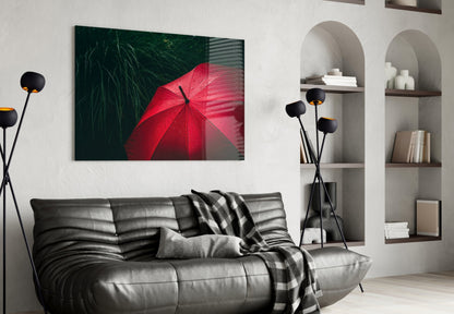 Red Umbrella in Dark Green Grass Glass Wall Art