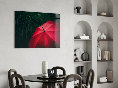 Red Umbrella in Dark Green Grass Glass Wall Art