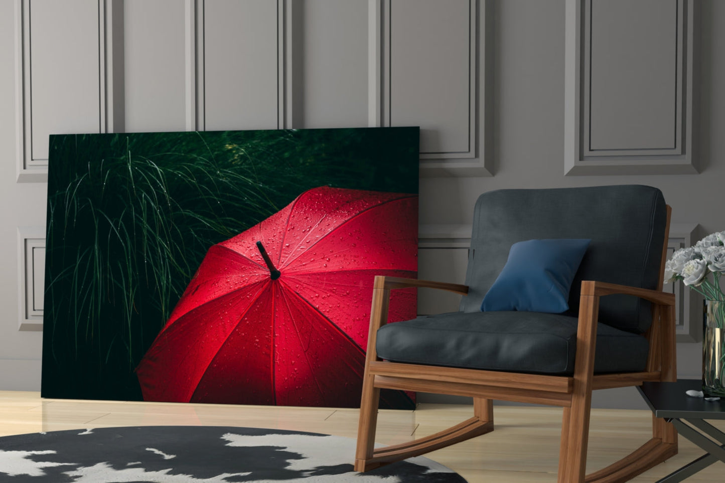 Red Umbrella in Dark Green Grass Glass Wall Art