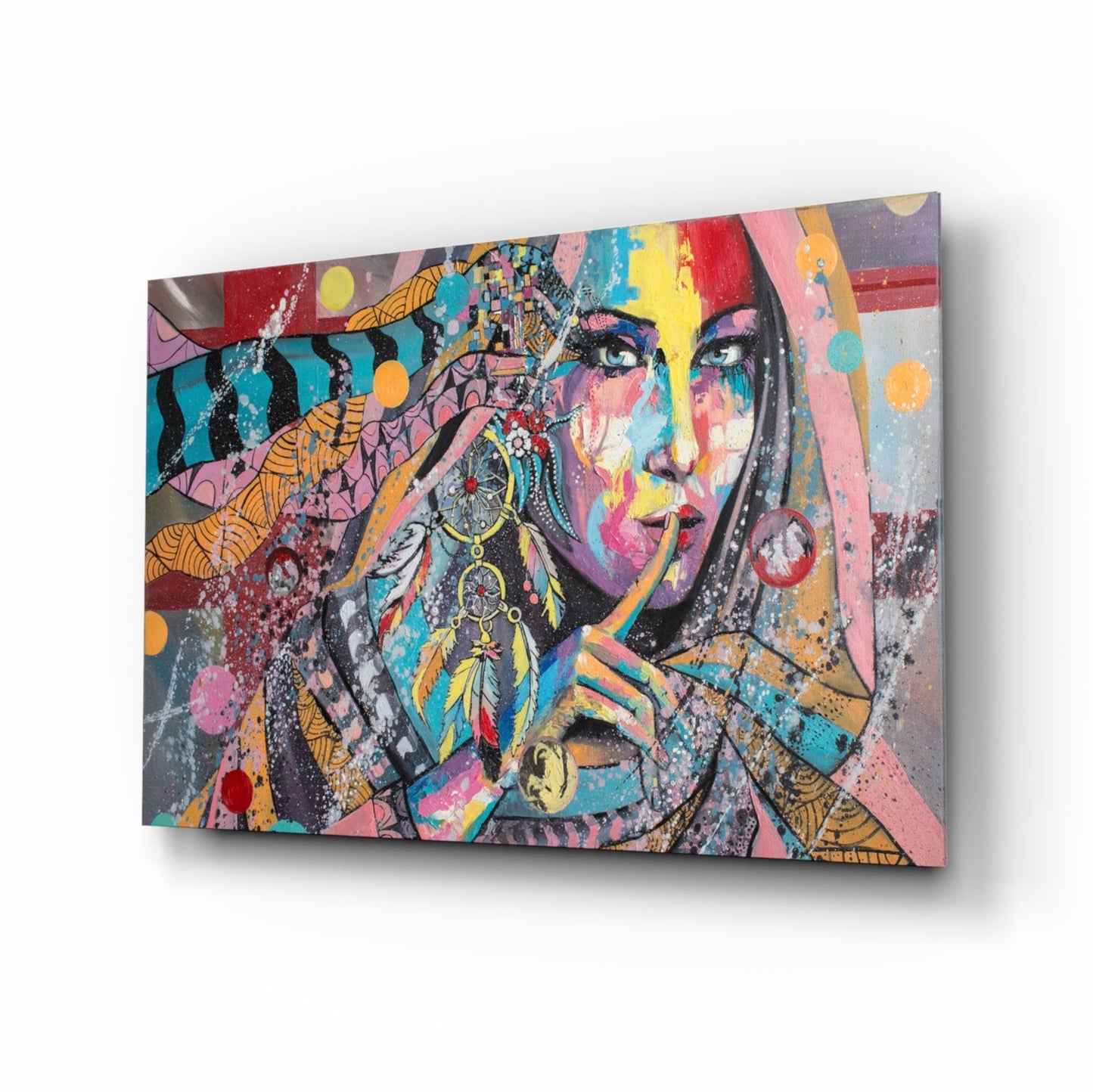 Shh Woman street-art style glass wall art