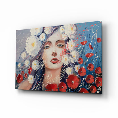 Women and flowers glass wall art with poppies and cobalt background