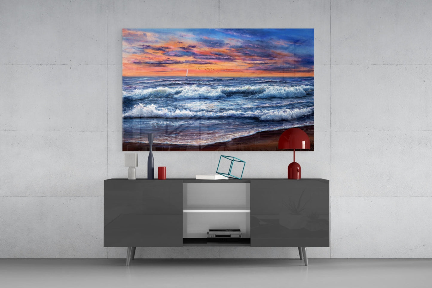 Crashing Waves Sunset Glass Wall Art
