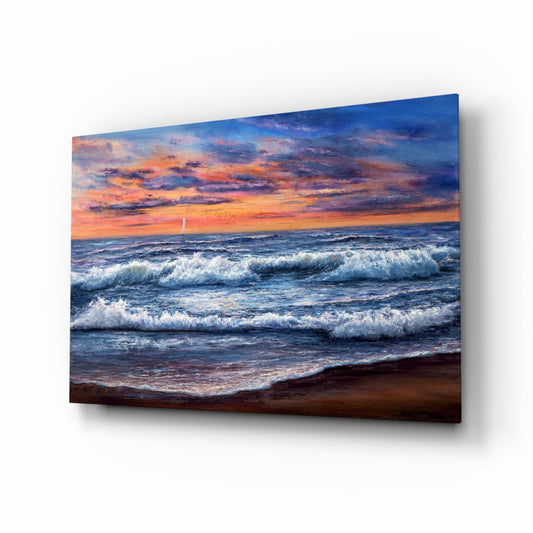 Crashing waves sunset glass wall art in painterly oil with cobalt swells and coral sky on tempered glass