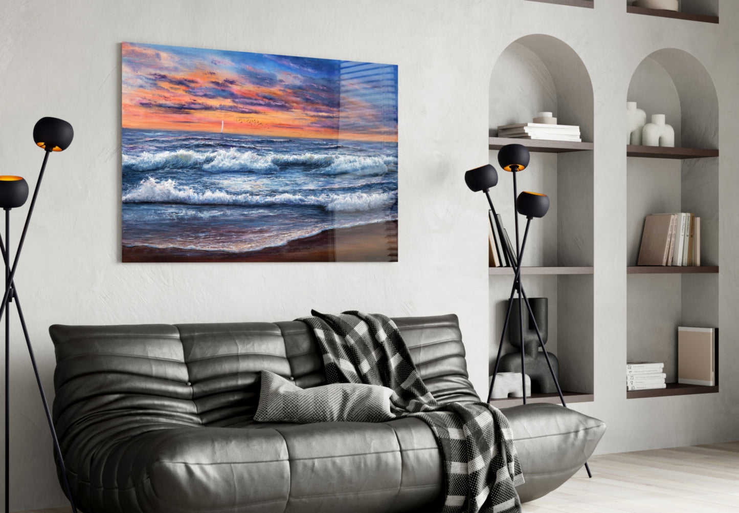 Crashing Waves Sunset Glass Wall Art