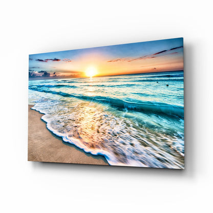 Tropical sunset beach glass wall art, turquoise sea and amber sky on high-gloss tempered glass