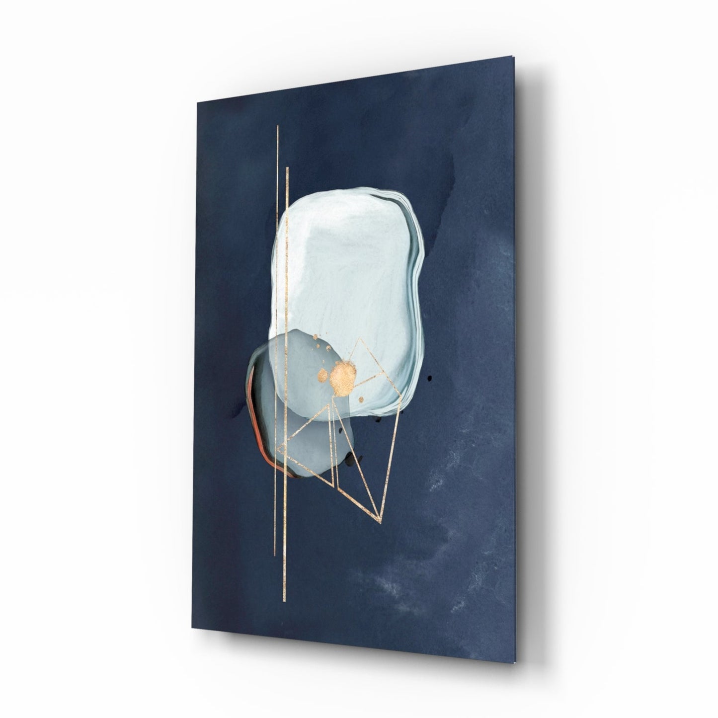 Abstract Blue glass wall art with navy and gold accents