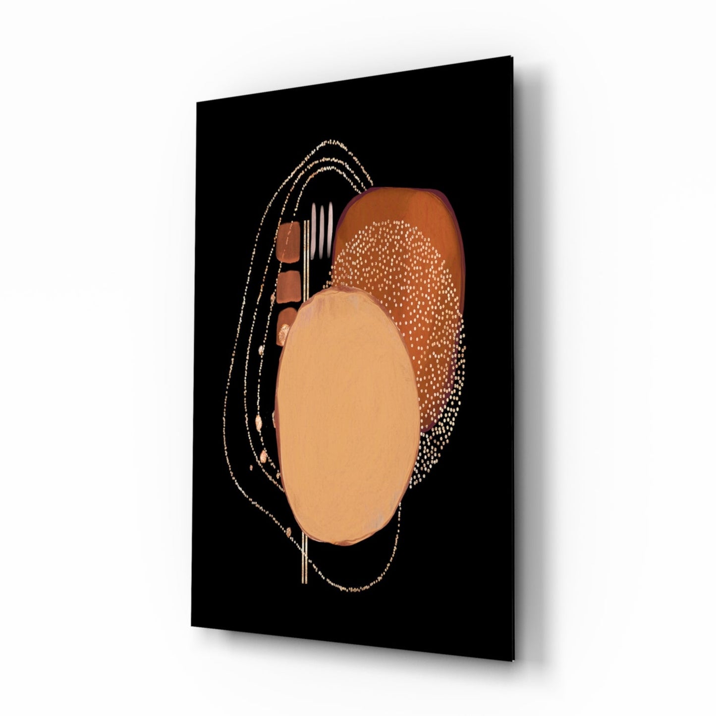 Abstract Black glass wall art with copper and gold accents