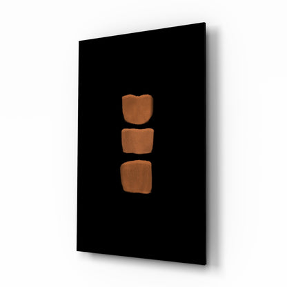 Terracotta color field glass wall art, three burnt-orange blocks on velvet black