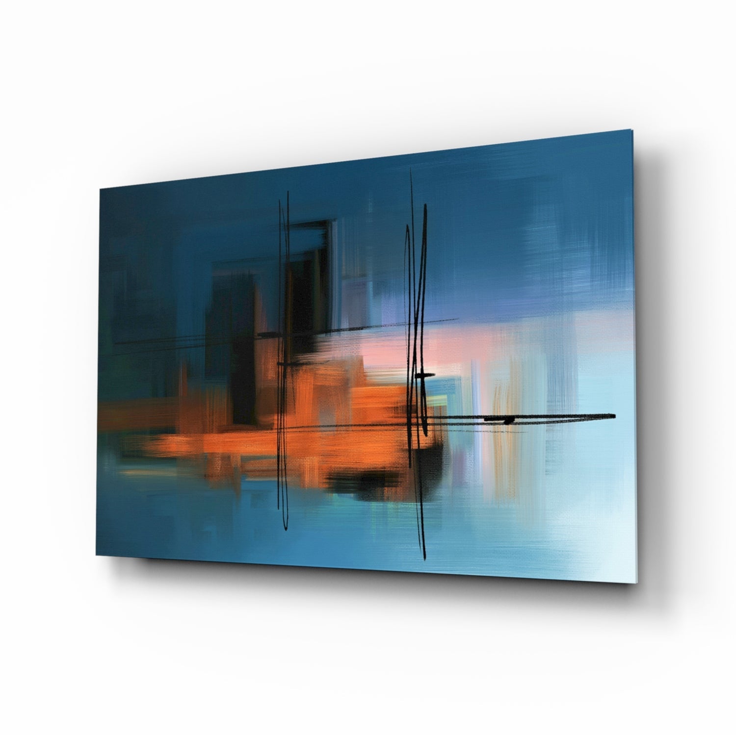 Abstract Silhouette cobalt and orange glass wall art