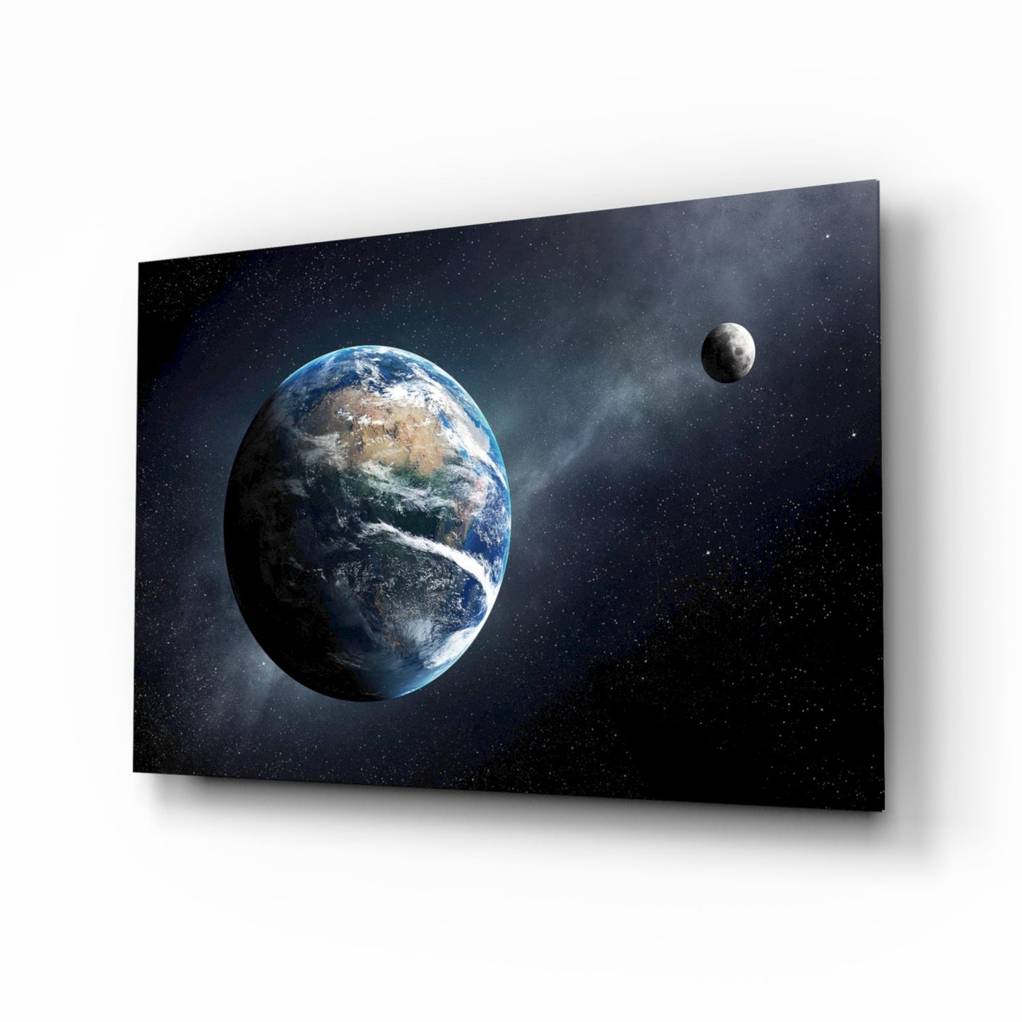 Earth and moon glass wall art print