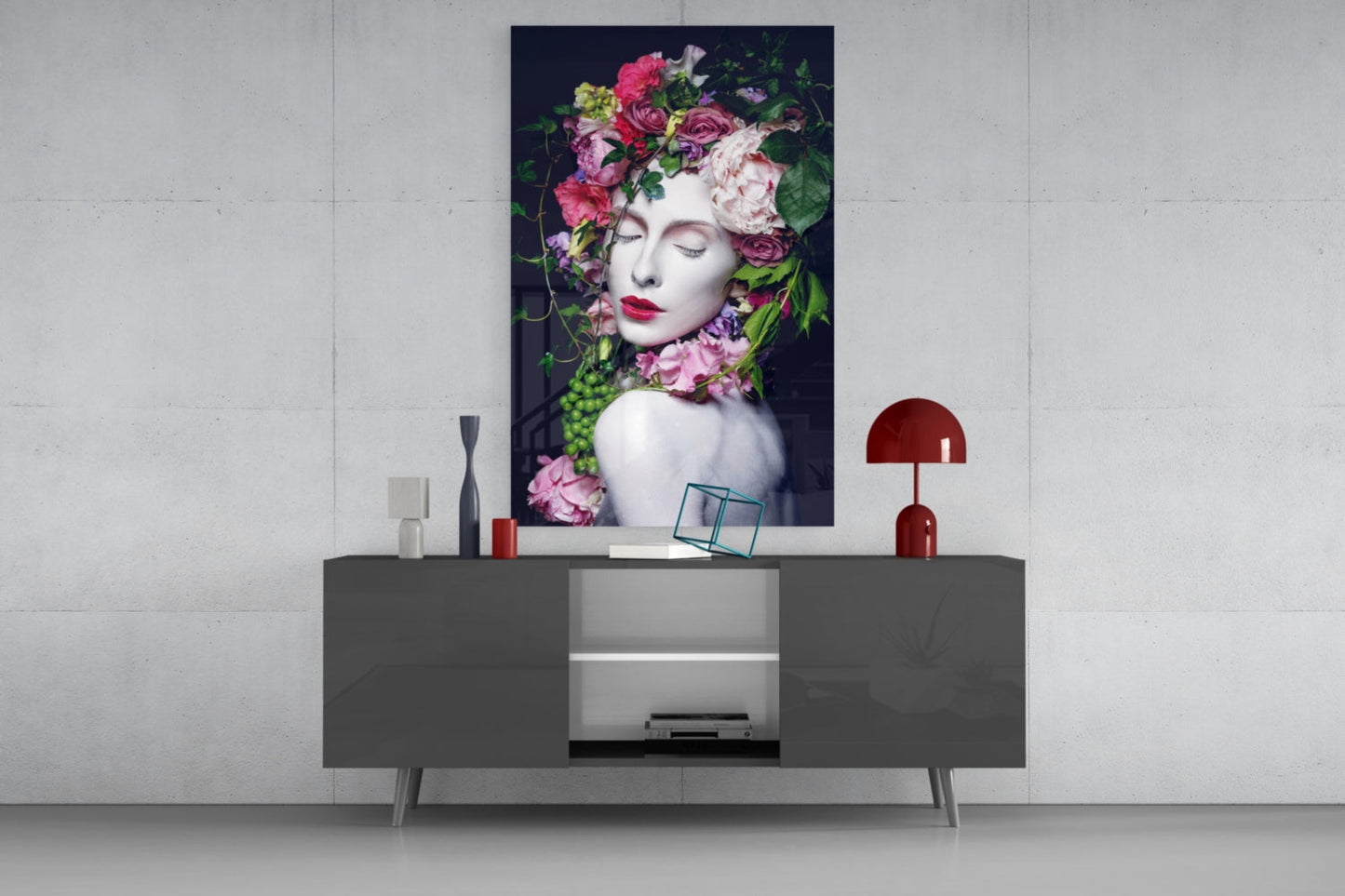 Floral Woman Portrait Glass Wall Art