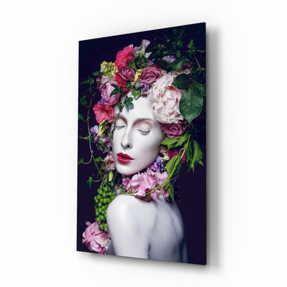 Floral woman portrait glass wall art