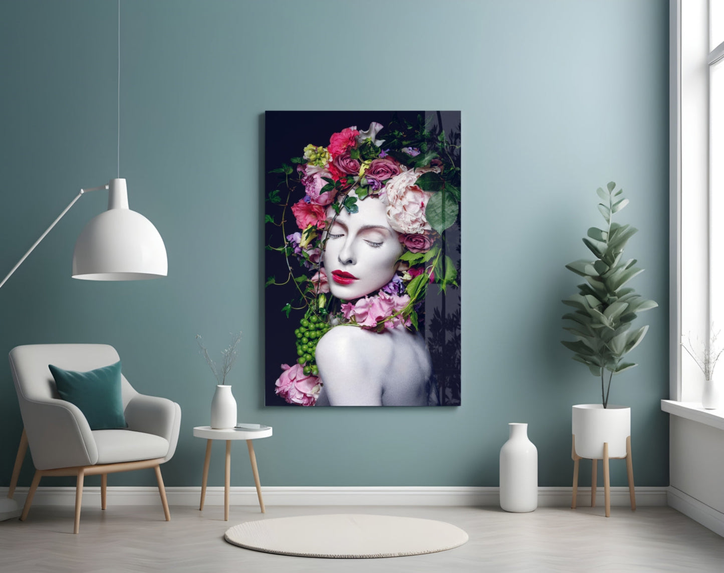 Floral Woman Portrait Glass Wall Art